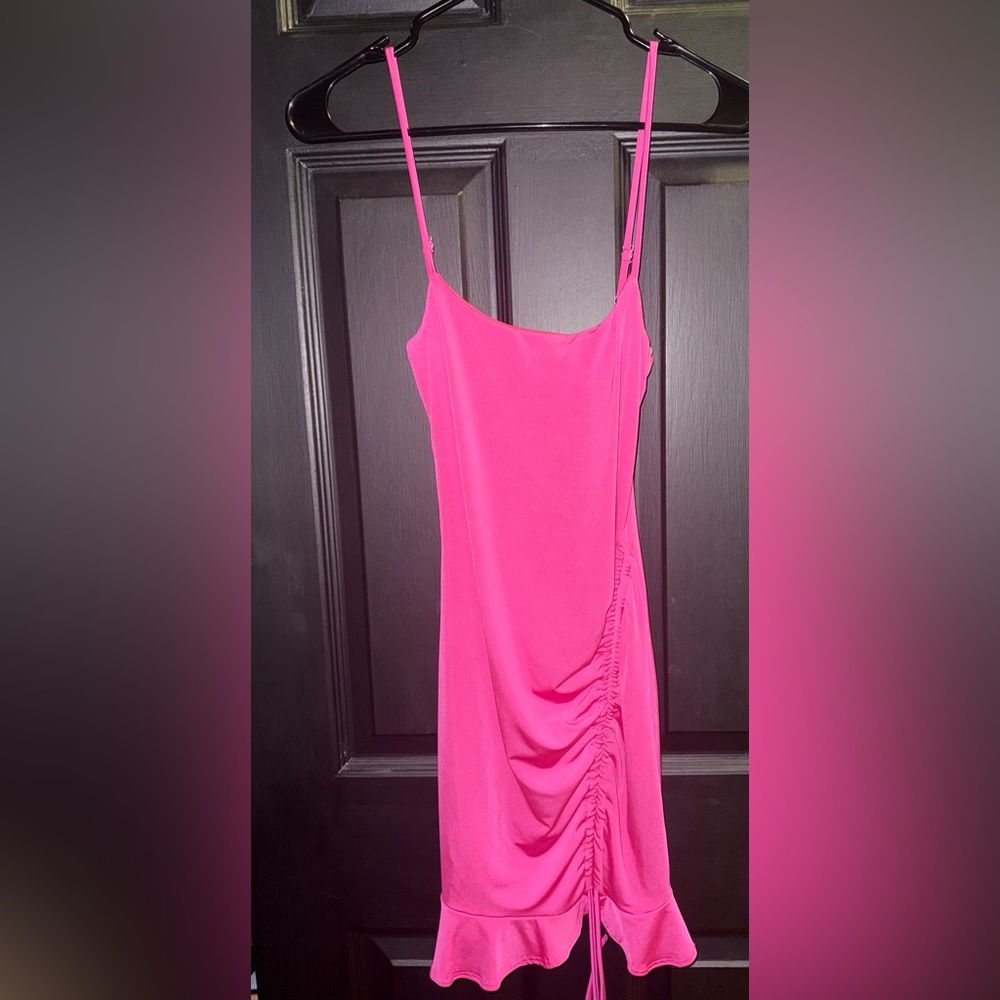 Hot Pink Mini Dress Spaghetti Strap & Runched adjustable Straps